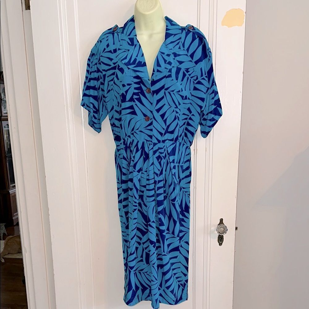 Vintage Adrianna Papell Teal and Purple Tropical Leaf Pattern‎ Silk Dress